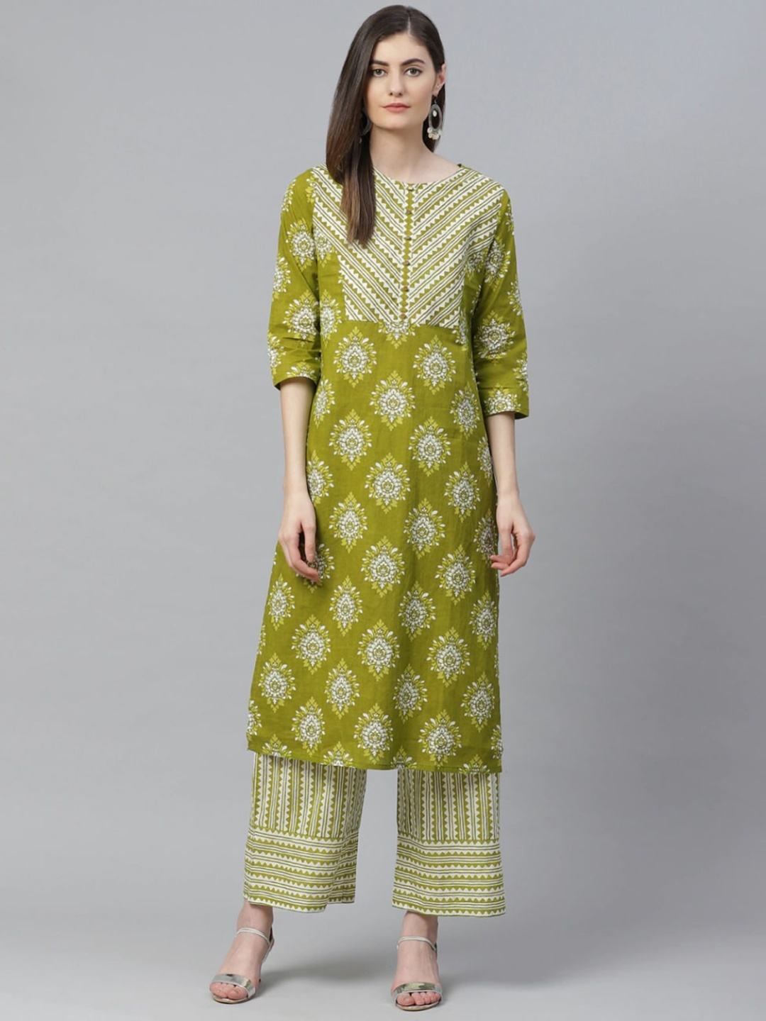 

KALINI Floral Printed Straight Pure Cotton Kurta with Palazzos, Green