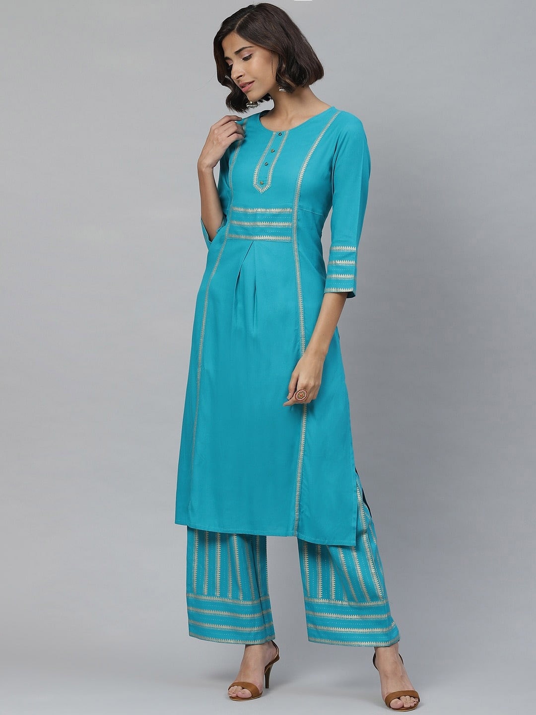 

KALINI Ethnic Motif Printed Straight Kurta with Palazzos, Teal