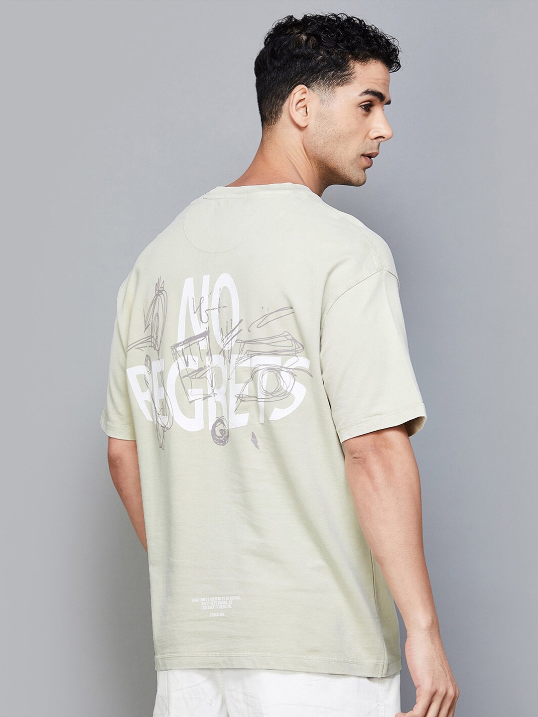 

Forca by Lifestyle Typography Printed Cotton Round Neck Applique T-shirt, Beige