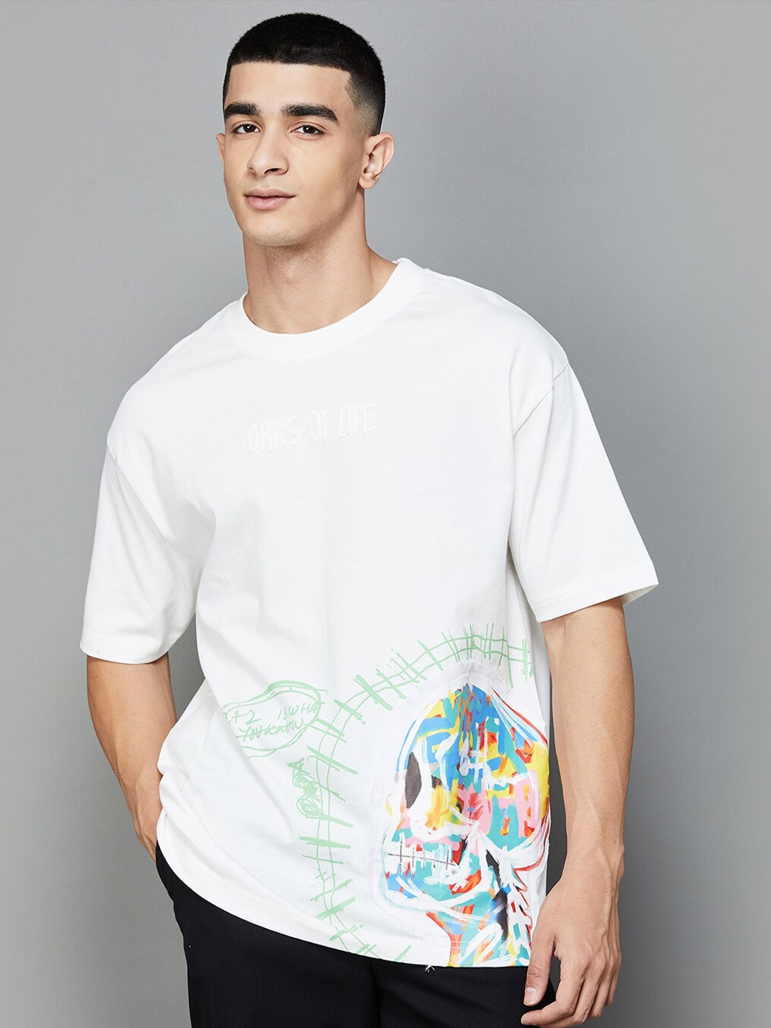 

Forca by Lifestyle Graphic Printed Round Neck Drop-Shoulder Sleeves Cotton T-shirt, White