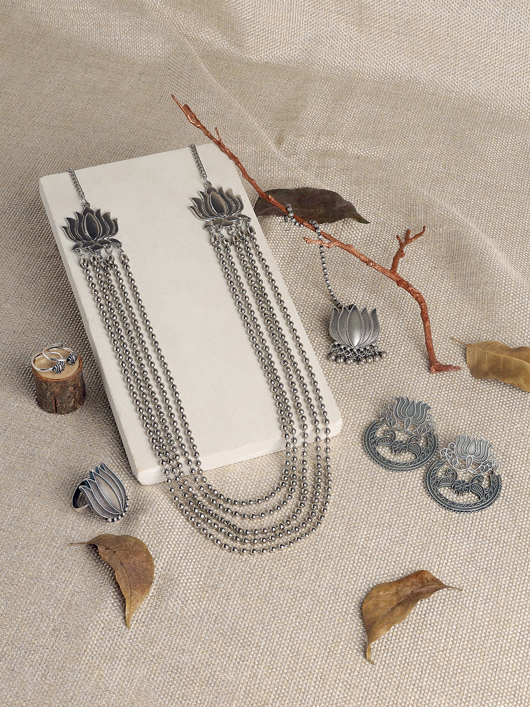 

TEEJH Silver-Plated Oxidized Necklace and Earrings Set