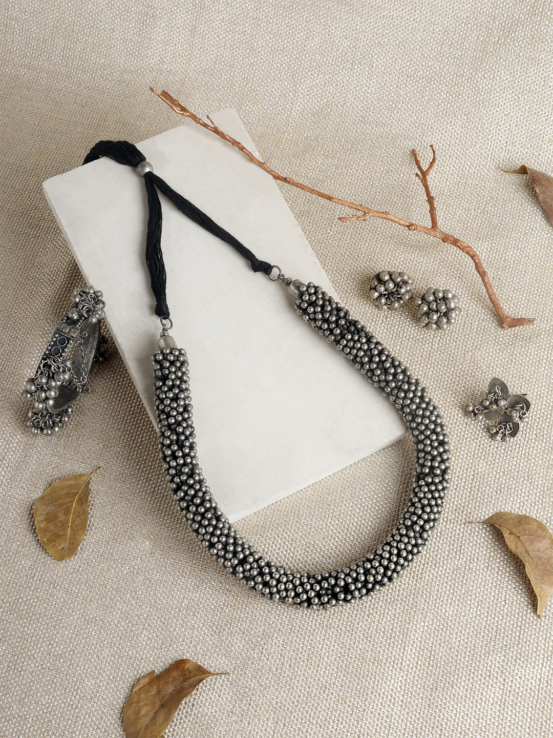 

TEEJH Silver-Plated Oxidized Necklace & Earrings Bracelet With Finger Ring