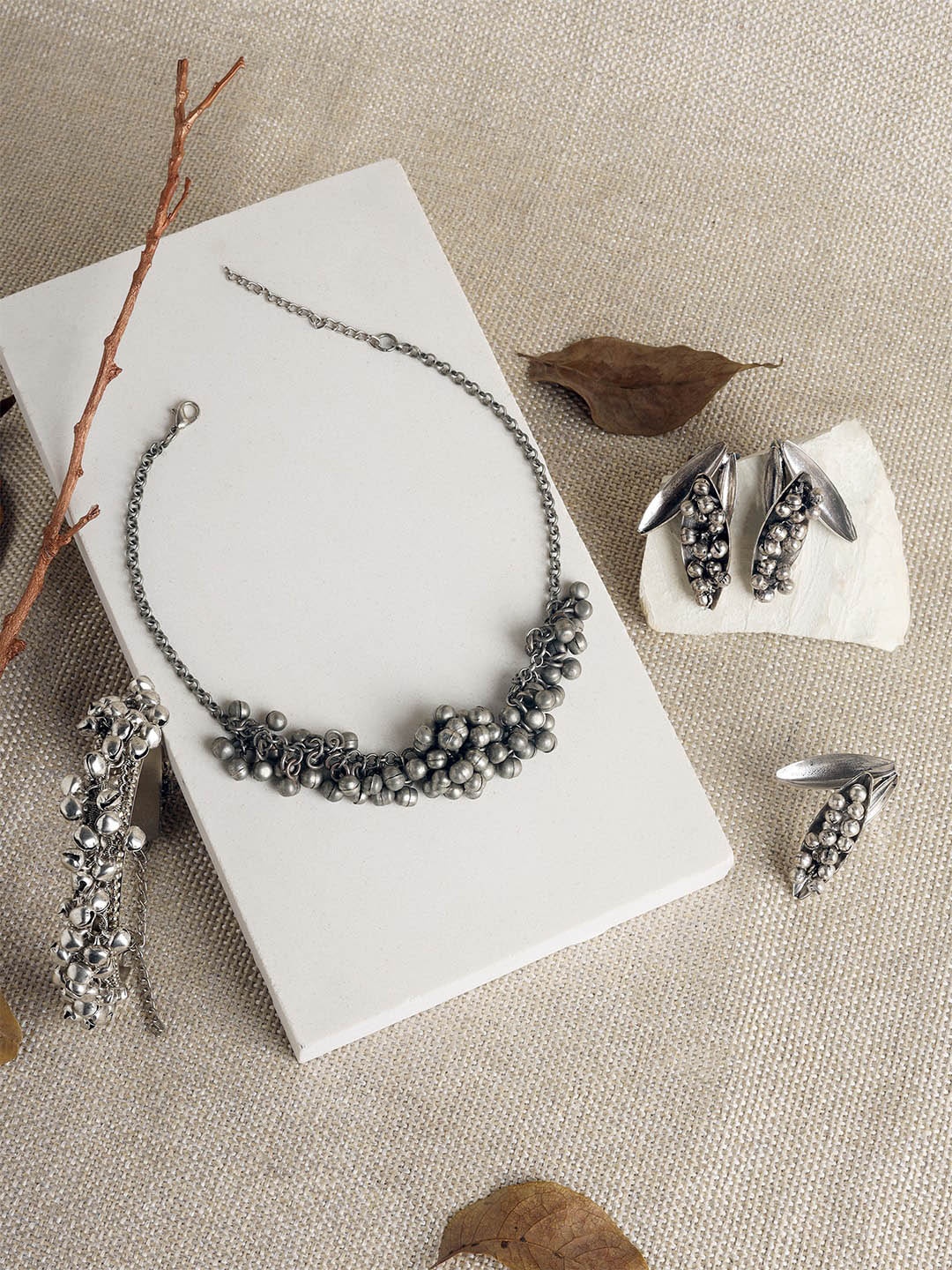 

TEEJH Silver-Plated Oxidised Beaded Jewellery Set