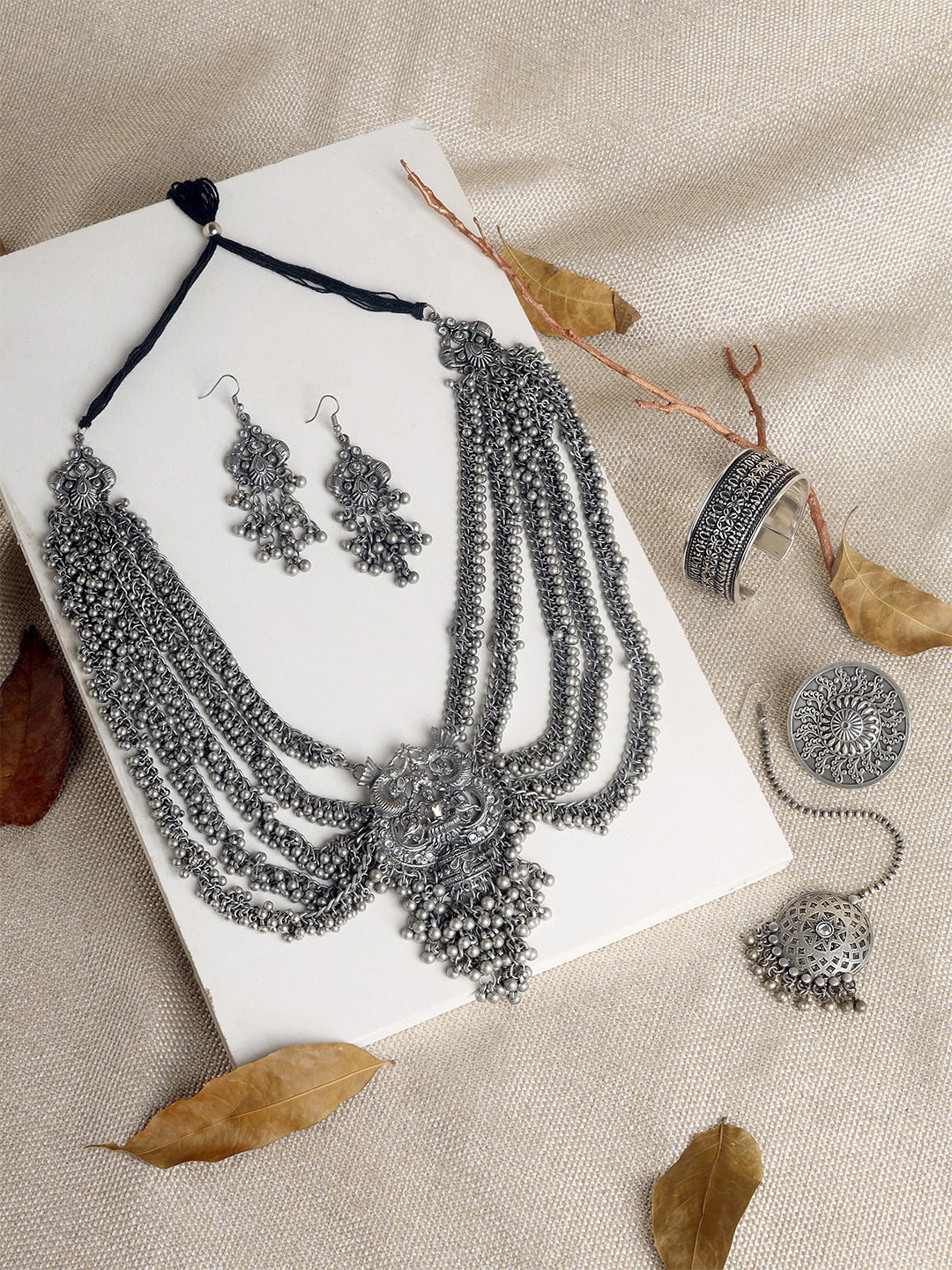 

TEEJH Silver-Plated Artificial Beads Beaded Oxidized Jewellery Set