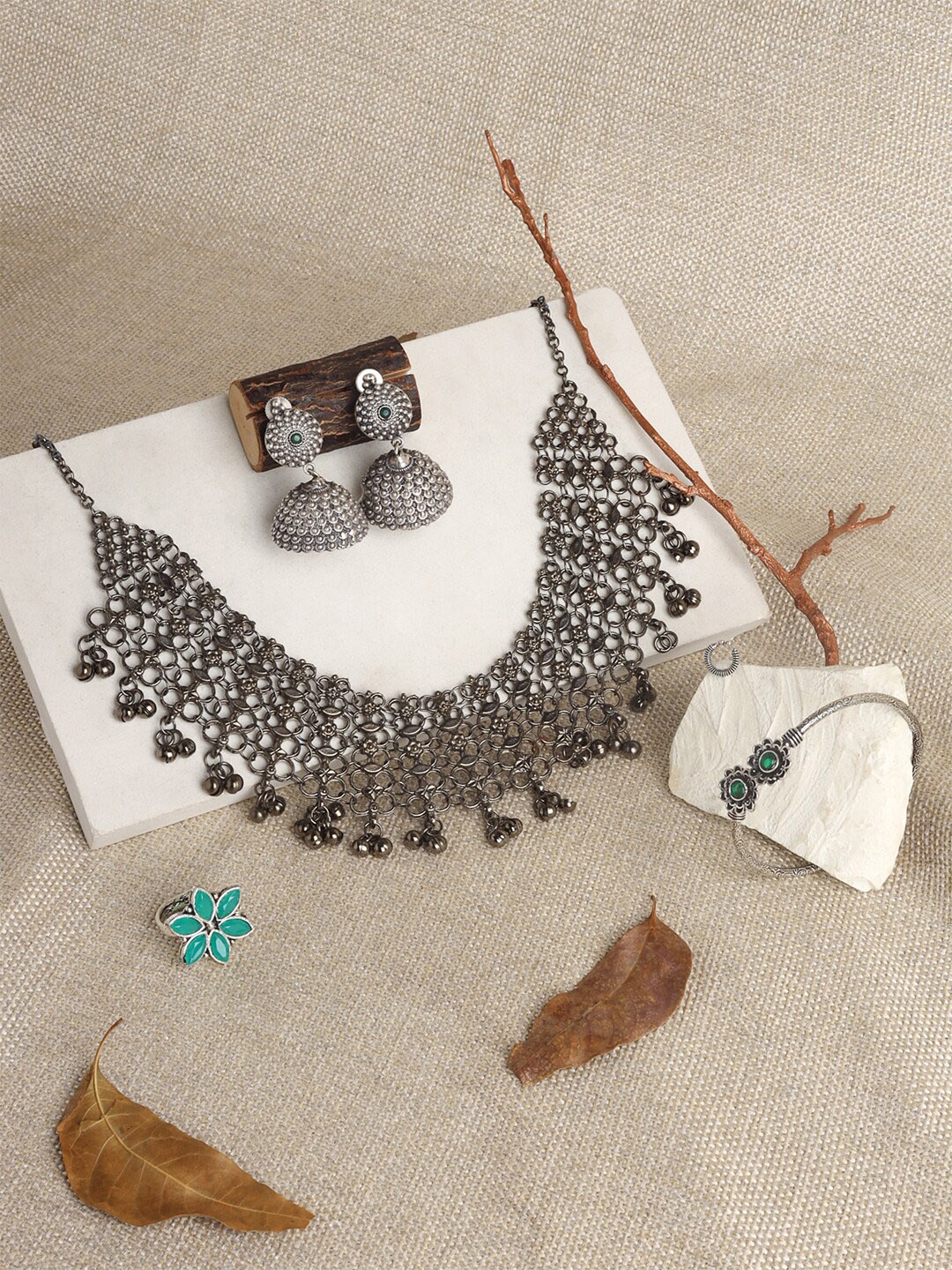 

TEEJH Silver-Plated Oxidized Jewellery Set