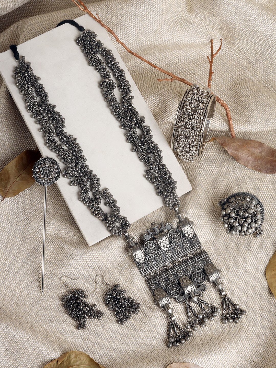 

TEEJH Chola Silver-Plated Oxidized Jewellery Set