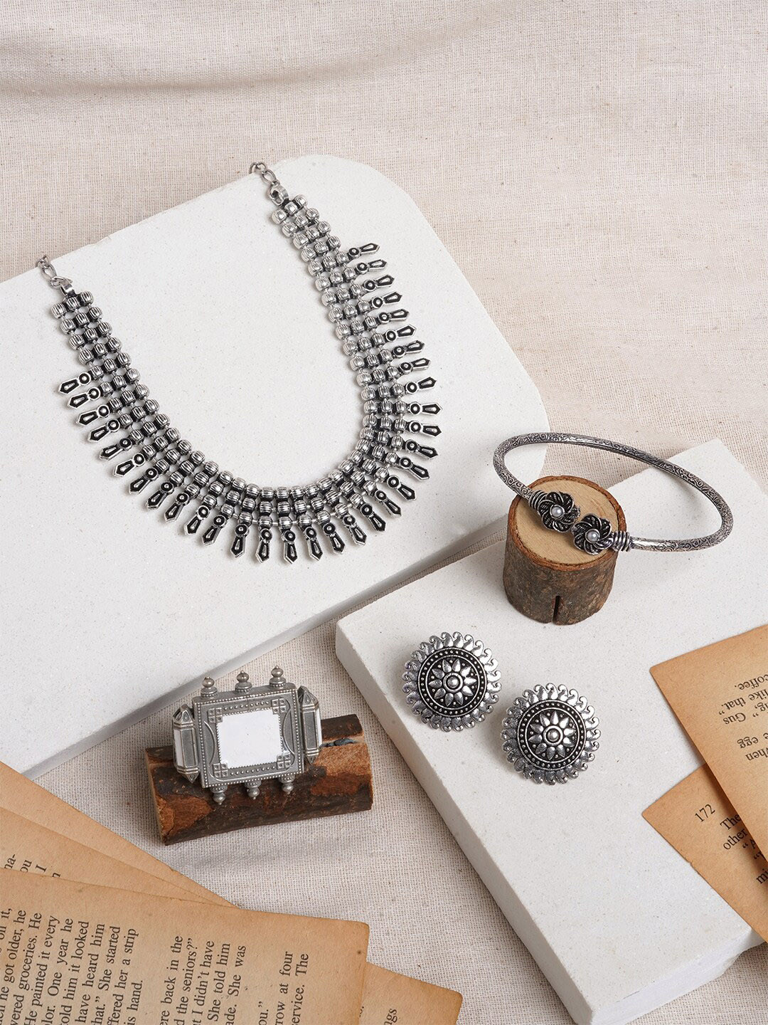 

TEEJH Sarnath Silver-Plated Oxidized Necklace & Earrings Finger Ring With Bracelet