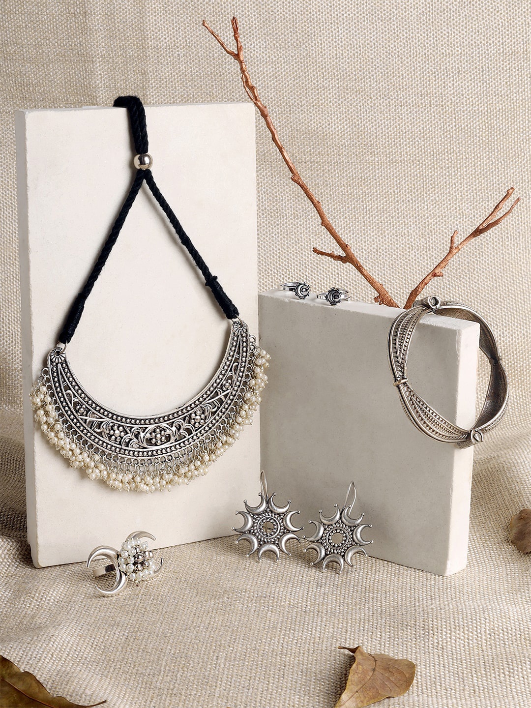 

TEEJH Silver-Plated Beaded Oxidised Jewellery Set