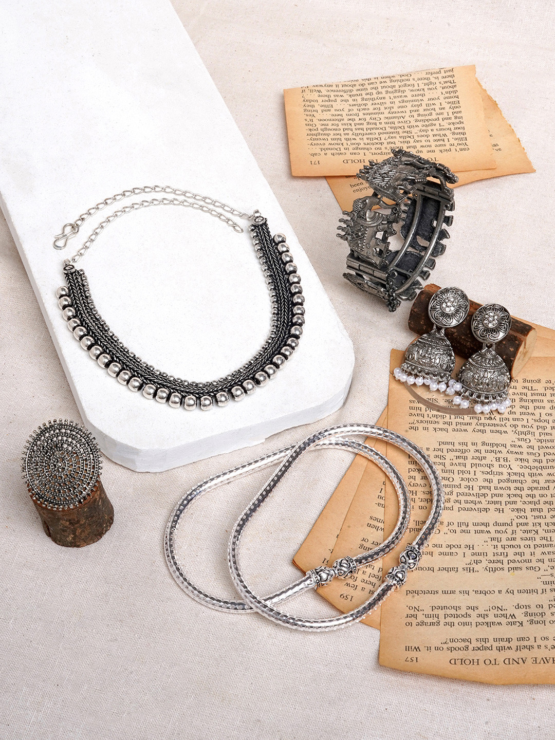 

TEEJH Silver-Plated Oxidized Necklace and Earrings Set