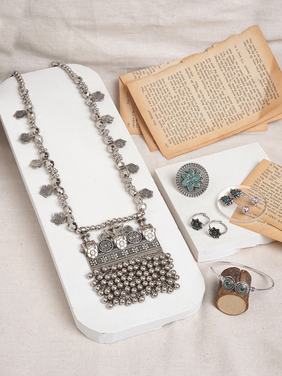 

TEEJH Silver-Plated Oxidized Necklace and Earrings Set