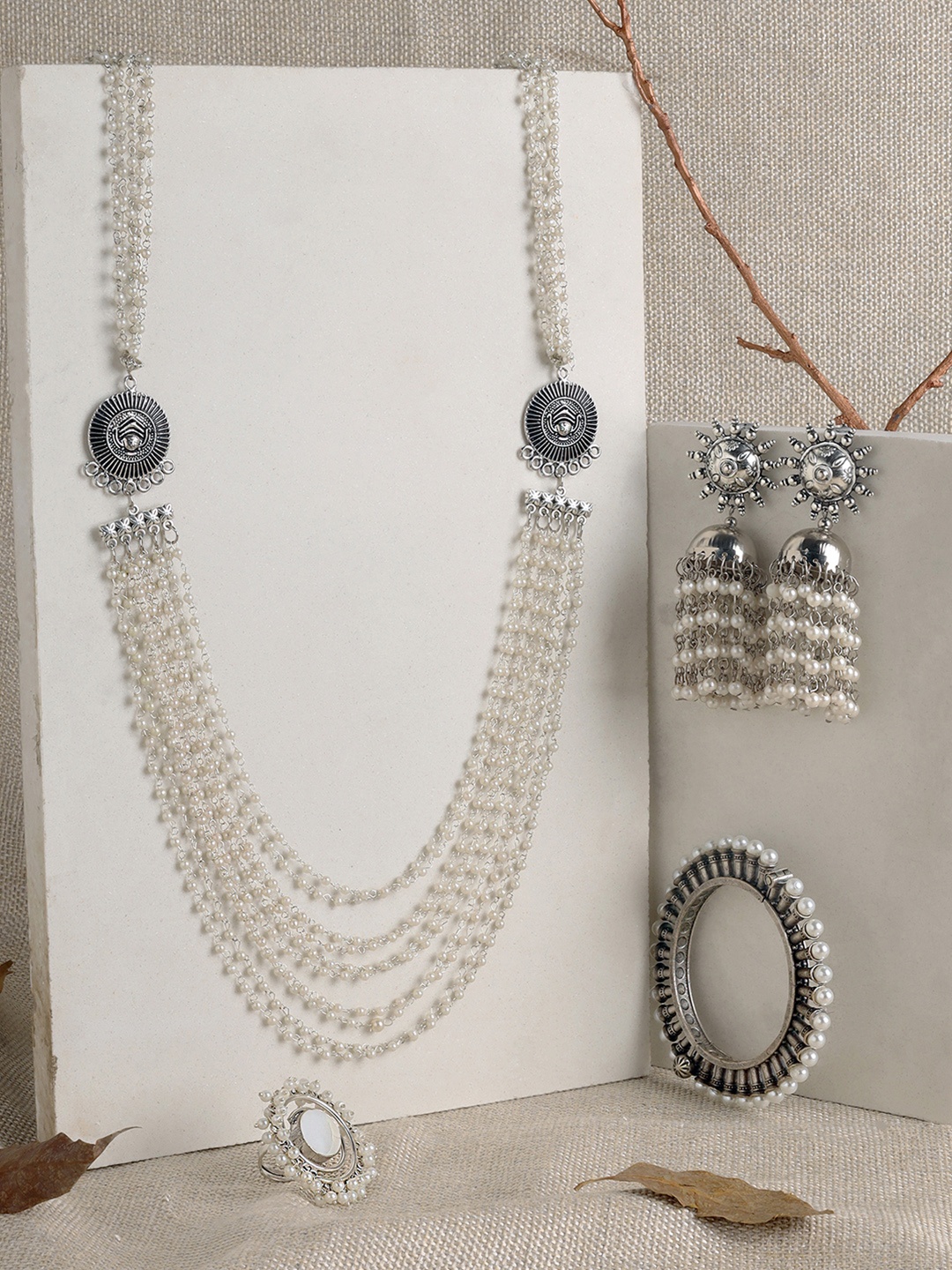 

TEEJH Shunga Silver-Plated Artificial Beads Beaded Oxidized Jewellery Set