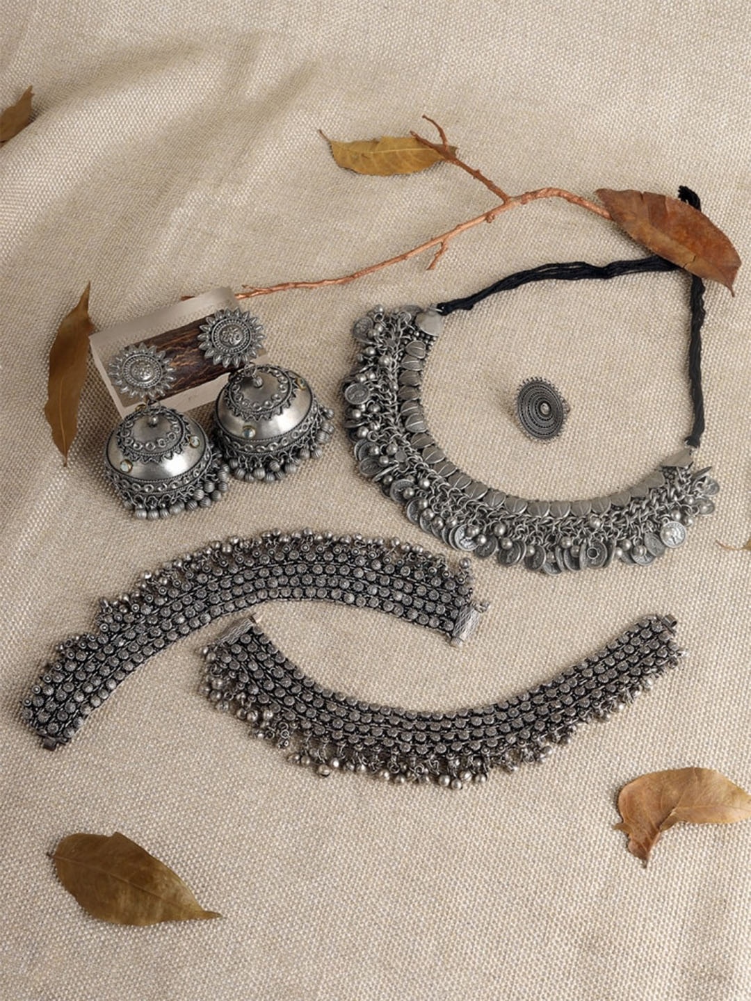 

TEEJH Silver-Plated Beaded Oxidised Jewellery Set