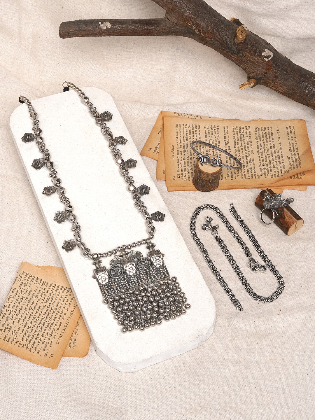 

TEEJH Silver-Plated Beaded Oxidised Jewellery Set
