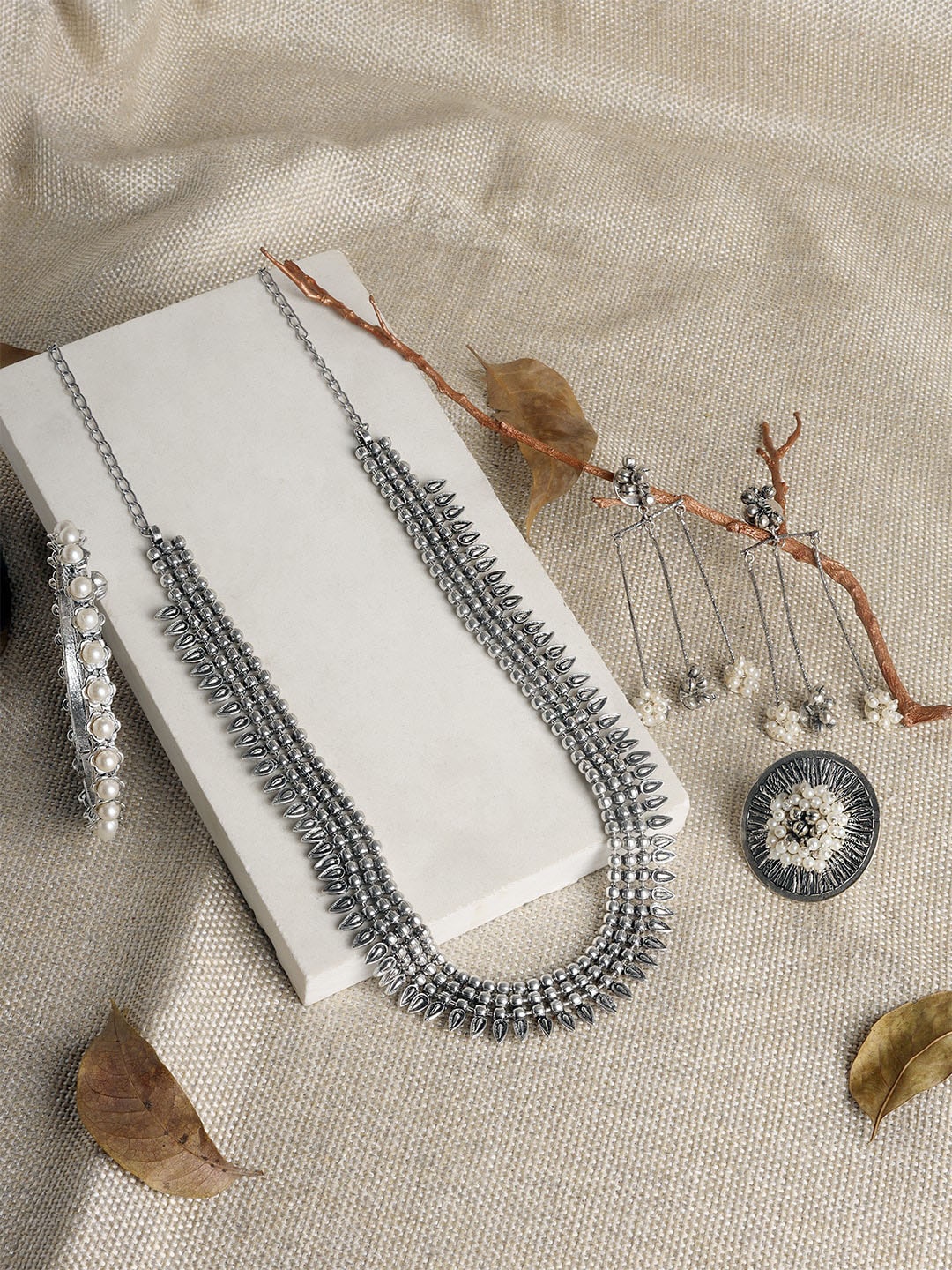 

TEEJH Mithila Silver-Plated Beaded Oxidized Jewellery Set