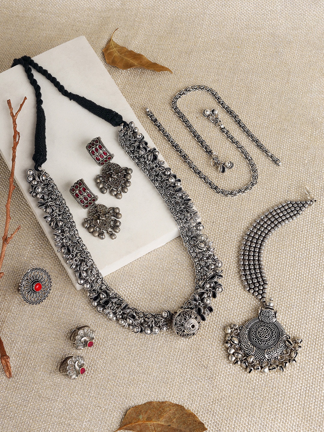 

TEEJH Yadava Silver-Plated Oxidised Necklace and Earring