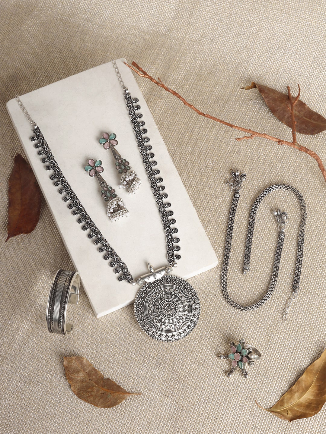 

TEEJH Ujjain Silver-Plated Oxidised Jewellery Set
