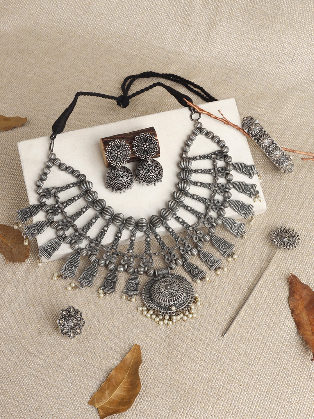 

TEEJH Tiruvannamalai Silver-Plated Oxidised Necklace and Earring