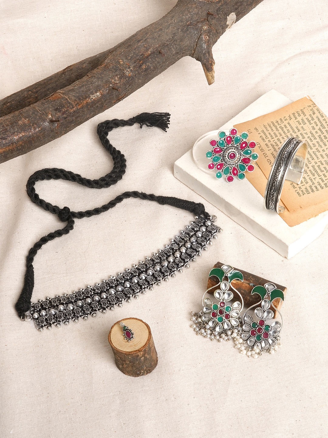 

TEEJH Pattadakal Silver-Plated Oxidized Jewellery Set