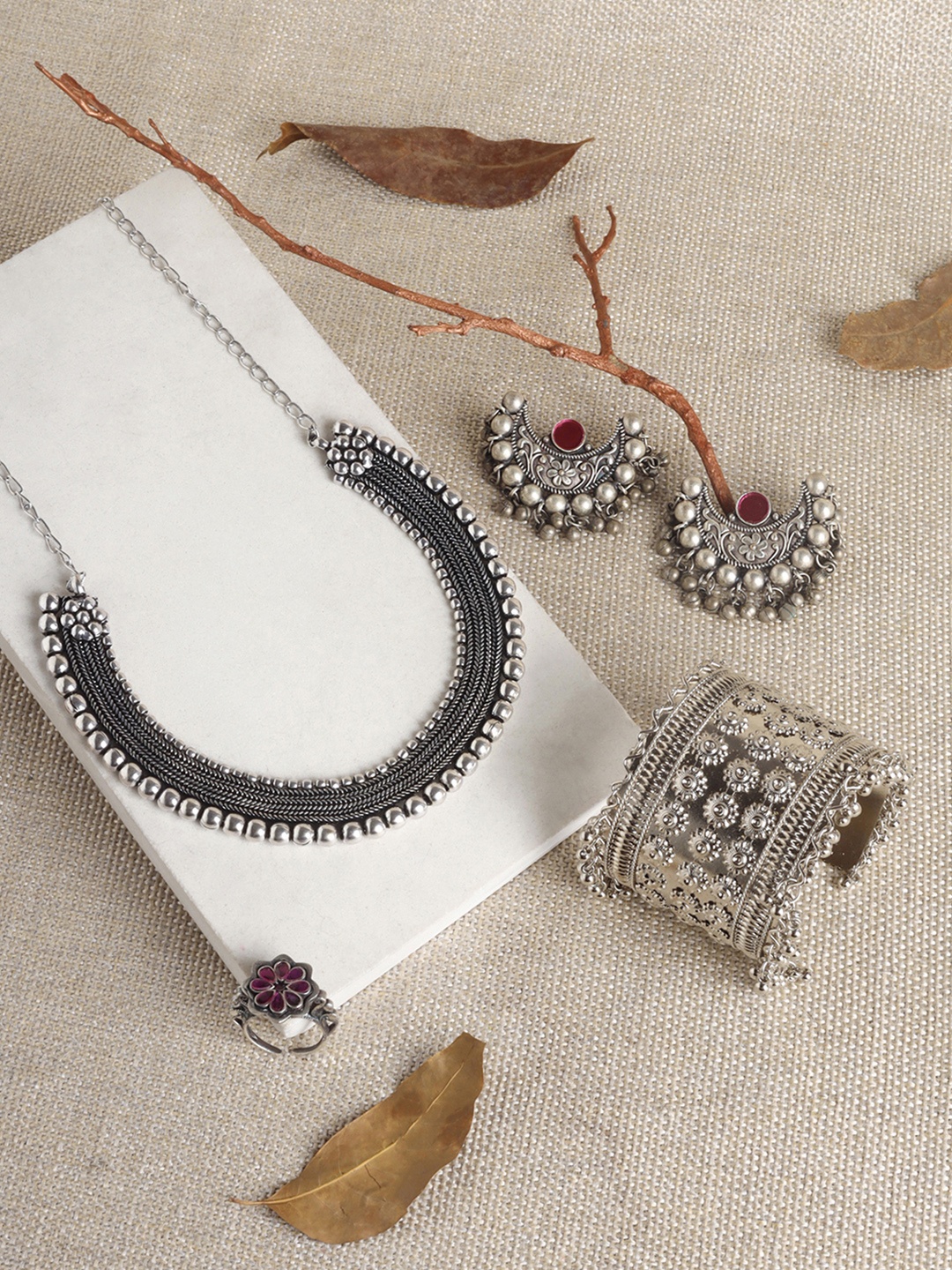 

TEEJH Devagiri Silver-Plated Oxidised Necklace and Earring