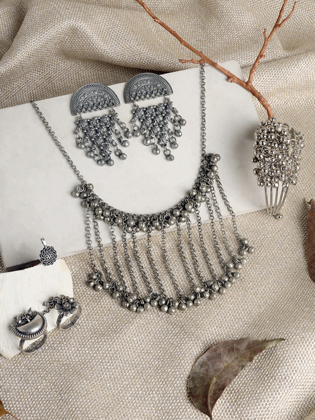 

TEEJH Silver-Plated Beaded Oxidised Jewellery Set