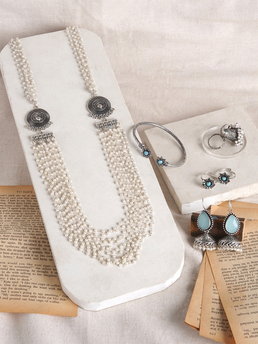 

TEEJH Silver -Plated Beaded Oxidised Jewellery Set