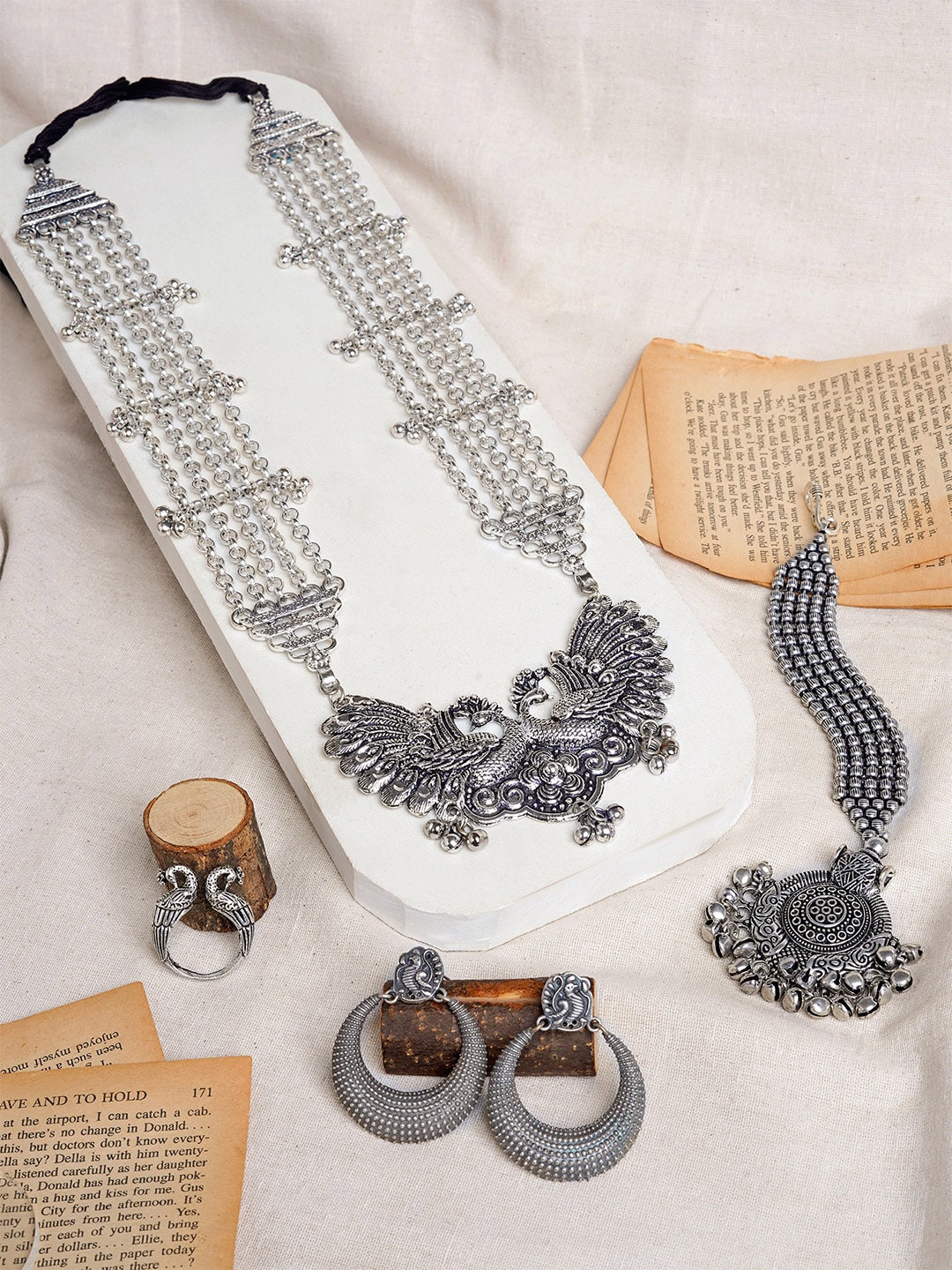 

TEEJH Silver-Plated Beaded Oxidised Jewellery Set