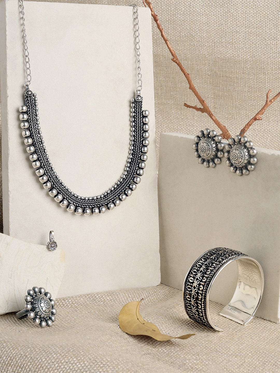 

TEEJH Silver-Plated Beaded Oxidised Jewellery Set