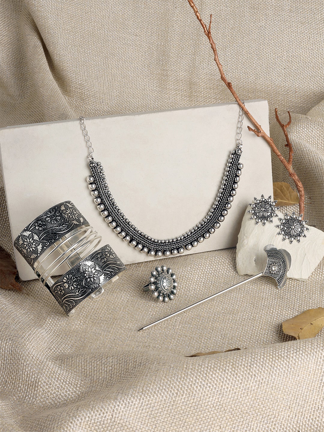 

TEEJH Silver-Plated Beaded Oxidised Jewellery Set