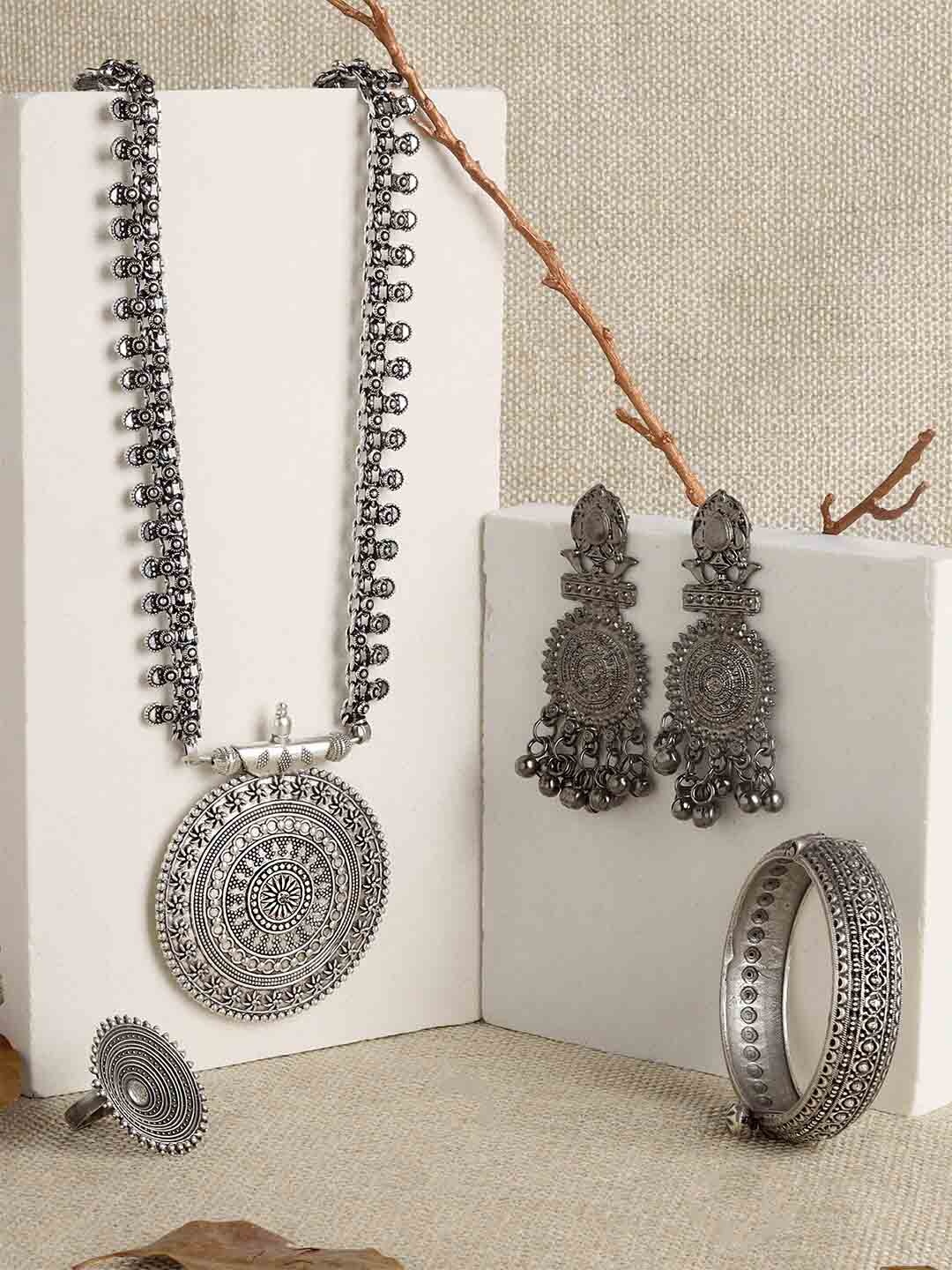 

TEEJH Silver-Plated Beaded Oxidised Jewellery Set