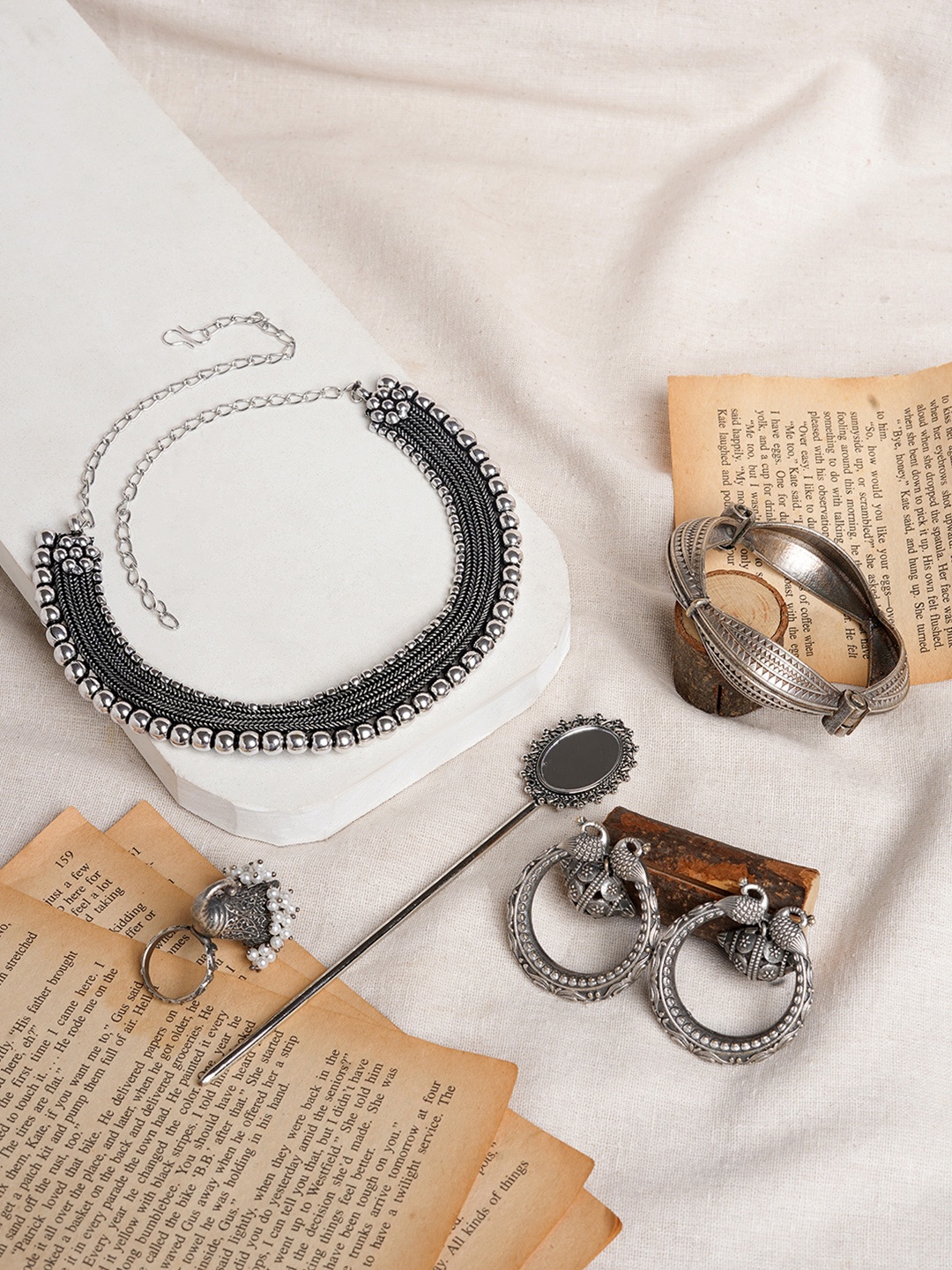 

TEEJH Silver-Plated Beaded Oxidised Jewellery Set