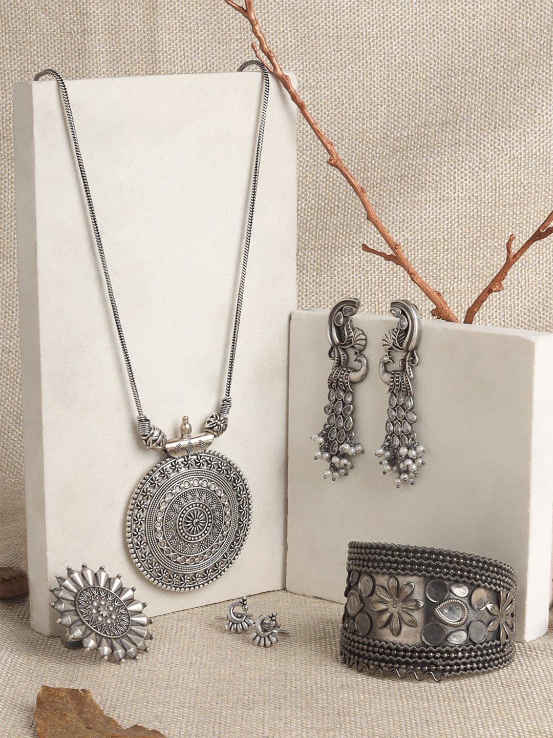 

TEEJH Silver-Plated Oxidised Jewellery Set