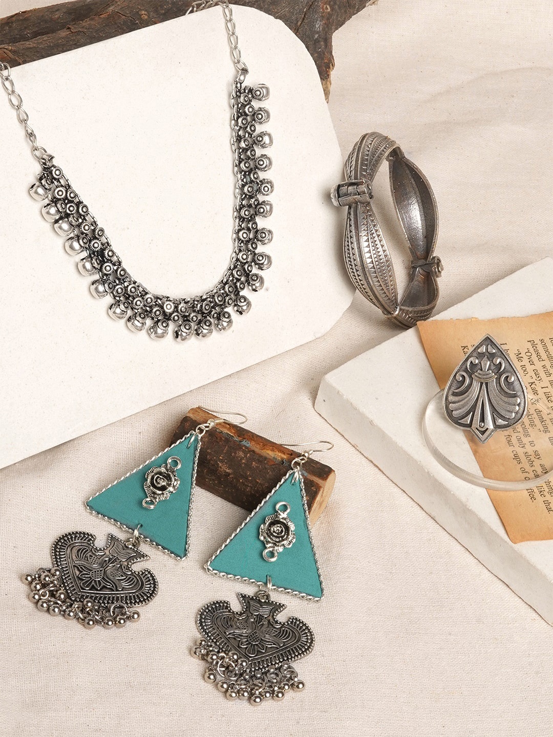 

TEEJH Silver-Plated Beaded Oxidised Jewellery Set