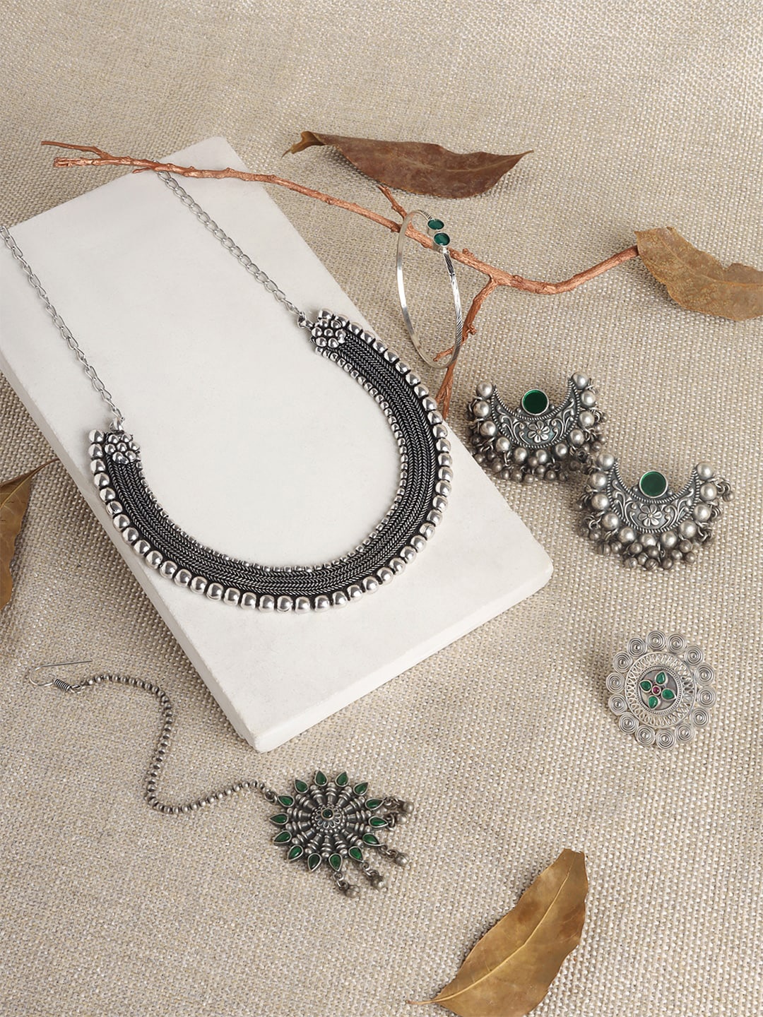 

TEEJH Kapilavastu Silver-Plated Oxidised Jewellery Set