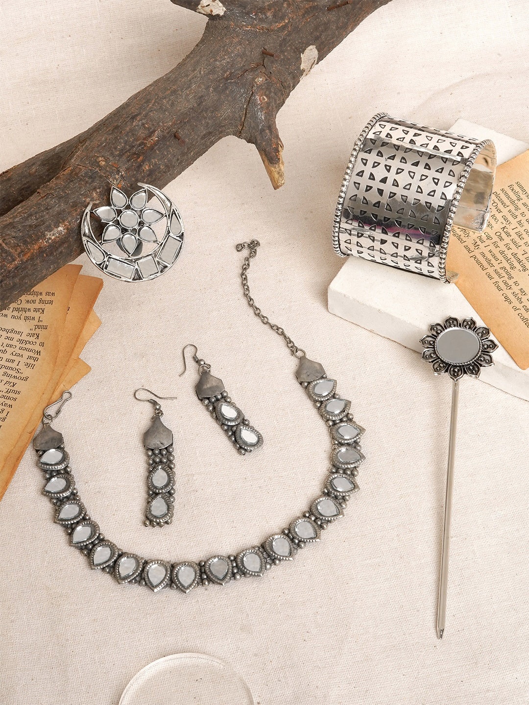 

TEEJH Silver -Plated Stone Studded Oxidised Jewellery Set