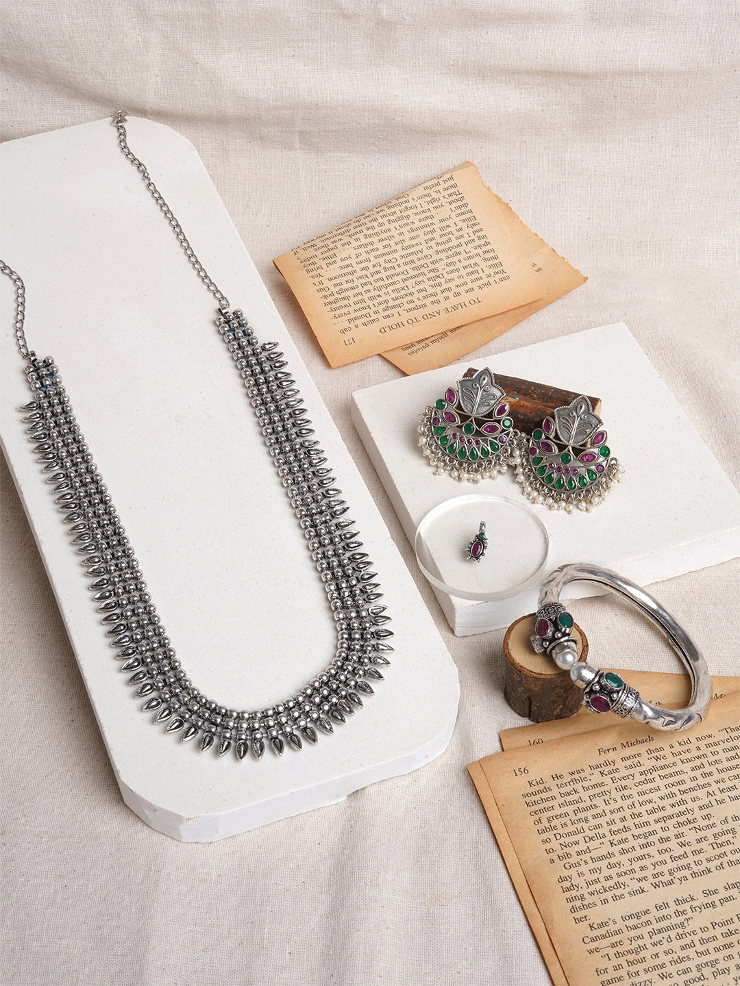 

TEEJH Silver-Plated Beaded Oxidised Jewellery Set