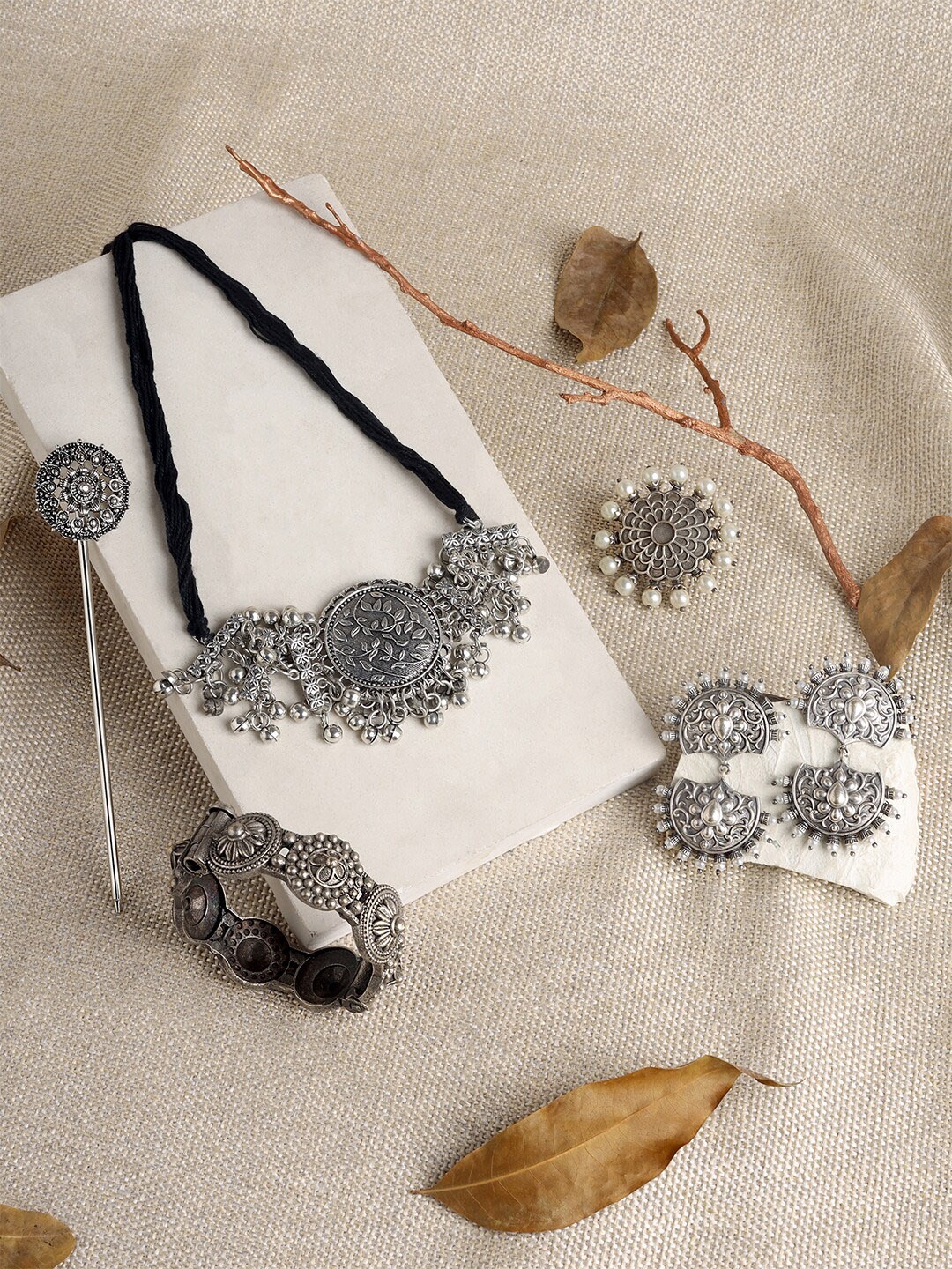 

TEEJH Silver-Plated Beaded Oxidised Jewellery Set