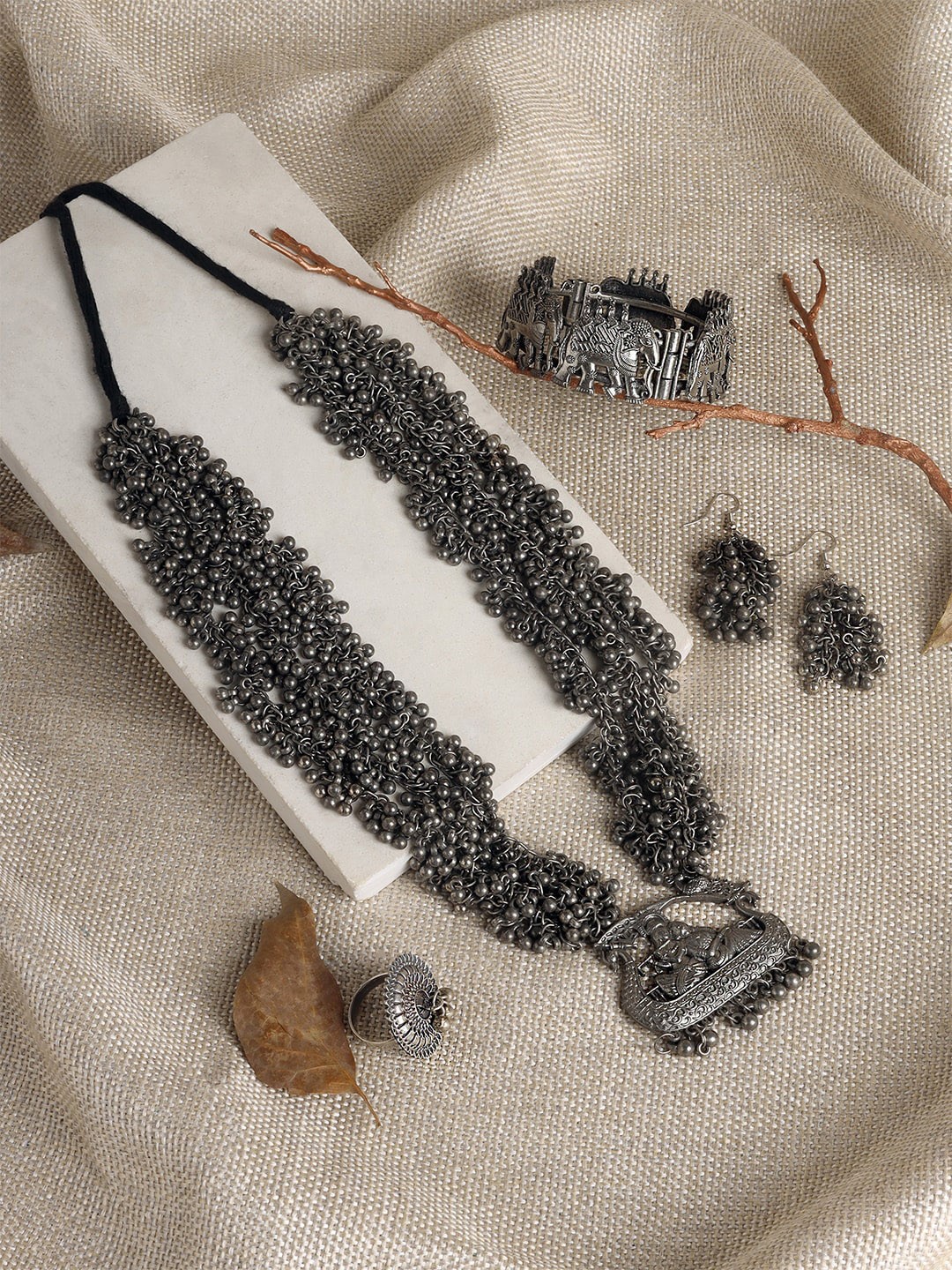 

TEEJH Sindhu Silver-Plated Oxidised Jewellery Set