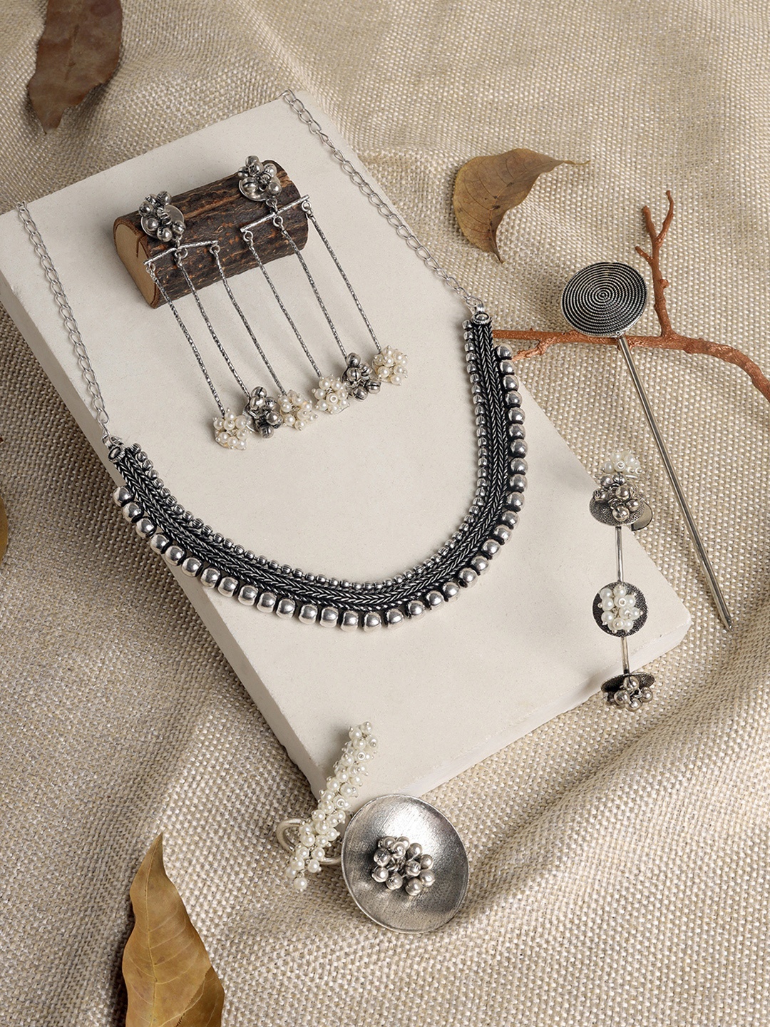 

TEEJH Silver-Plated Oxidised Beaded Jewellery Set