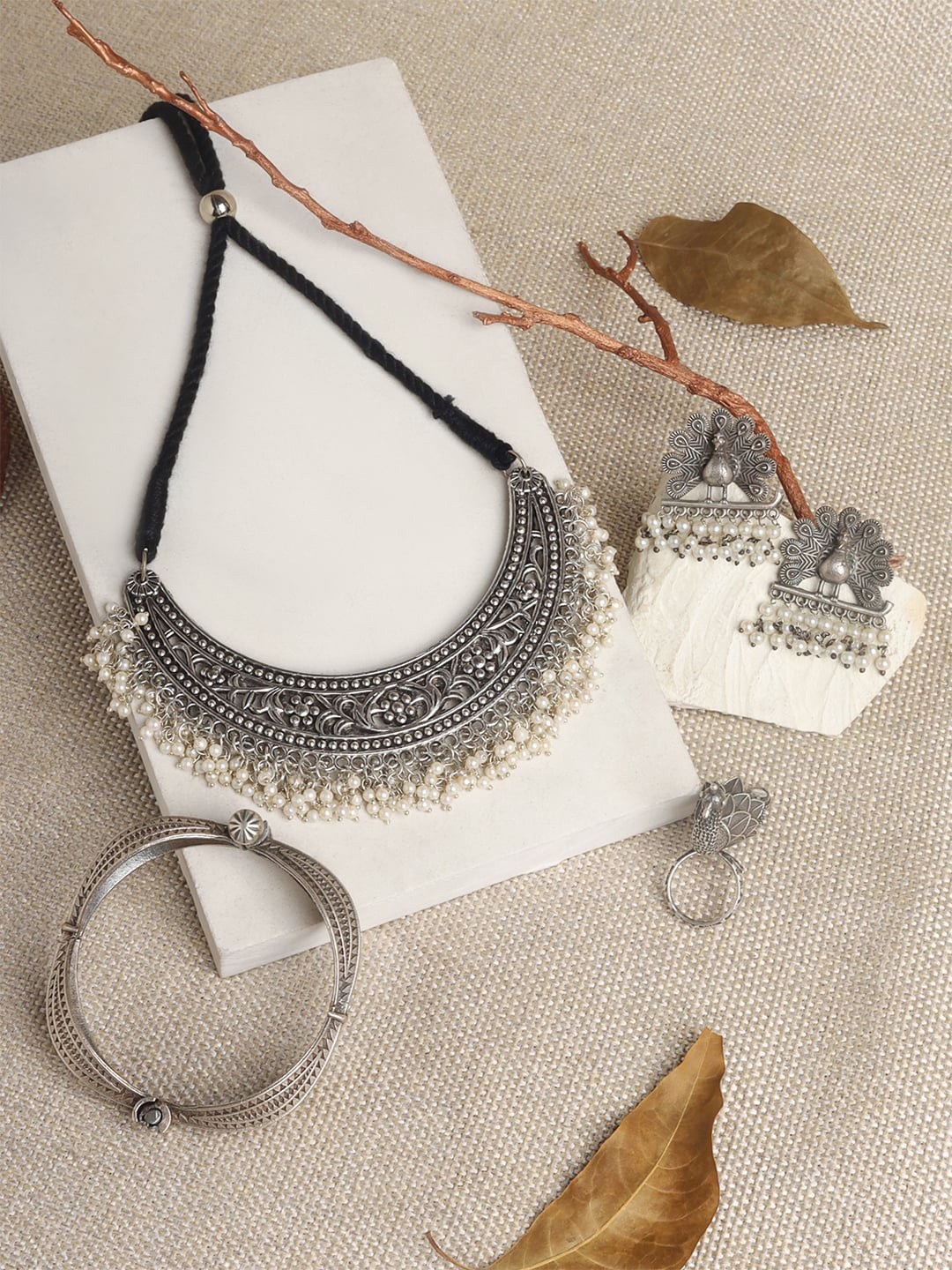

TEEJH Tiruchirappalli Silver-Plated Beaded Oxidised Jewellery Set