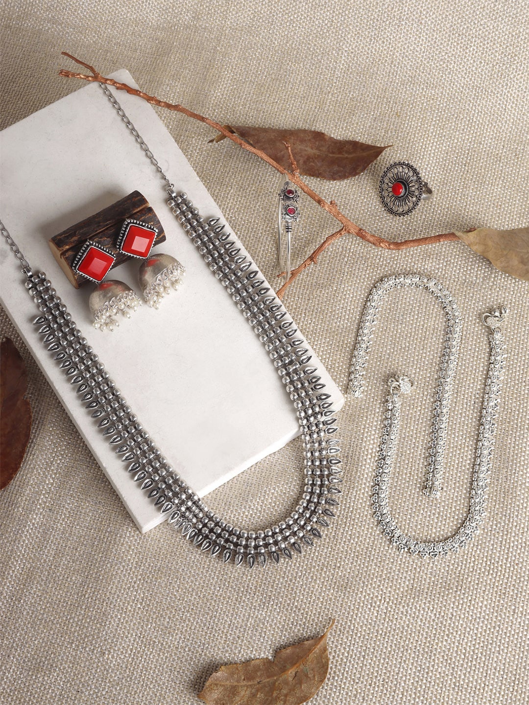 

TEEJH Silver- Plated Stone Studded & Beaded Oxidised Jewellery Set