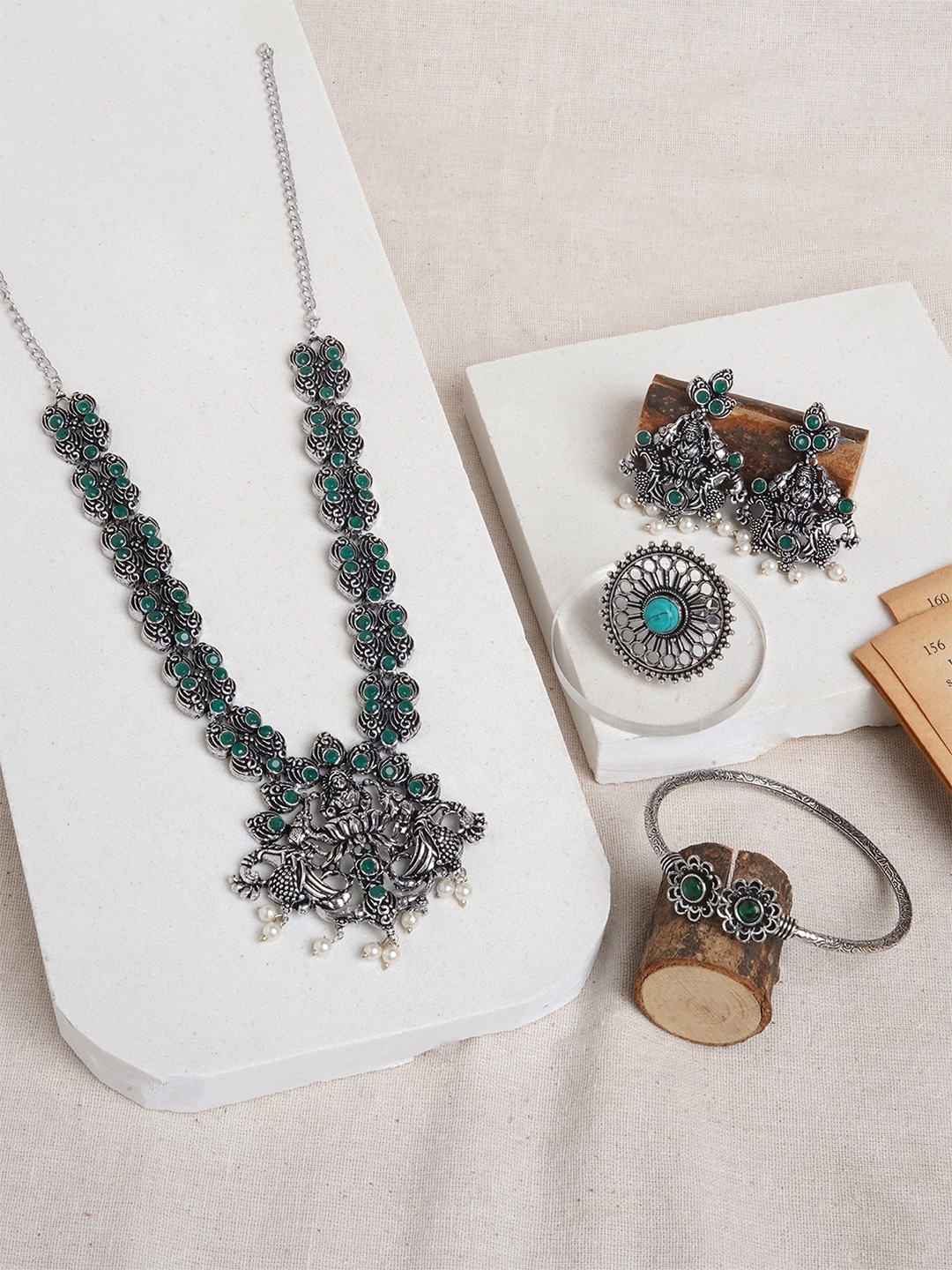 

TEEJH Silver-Plated Beaded Oxidised Jewellery Set