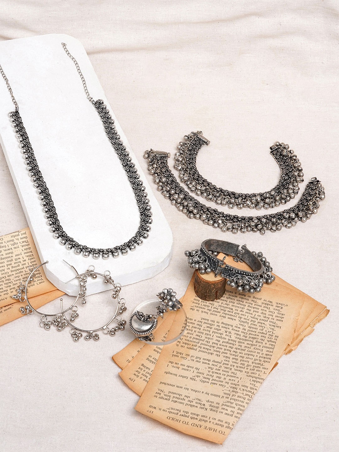 

TEEJH Silver-Plated Beaded Oxidised Jewellery Set