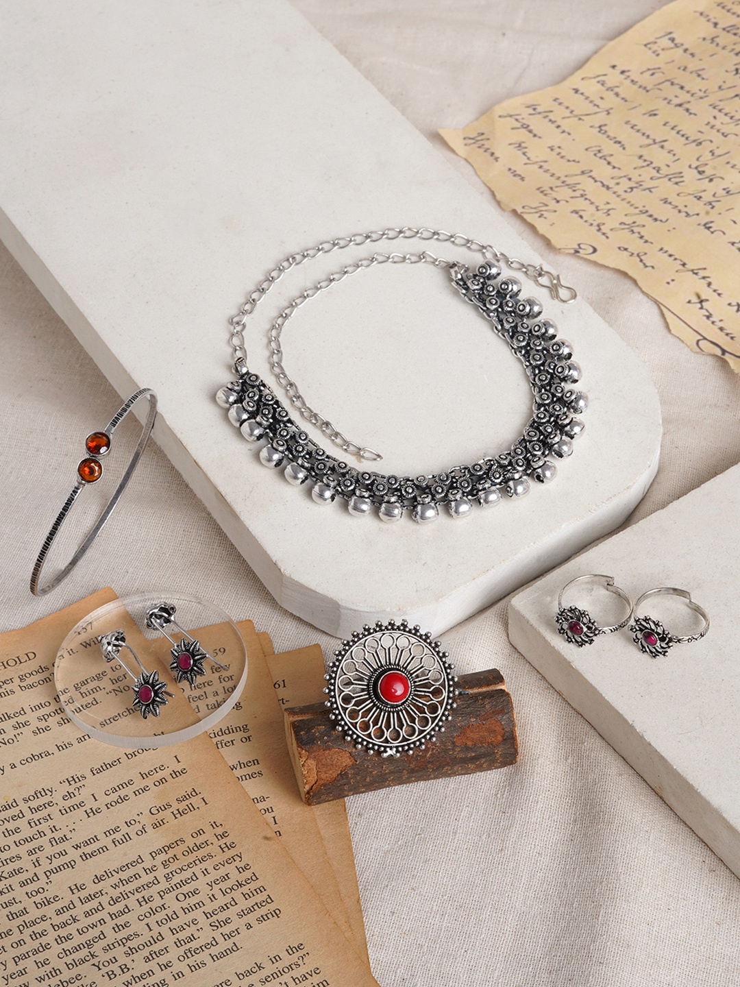 

TEEJH Silver -Plated Stone Studded & Beaded Oxidised Jewellery Set