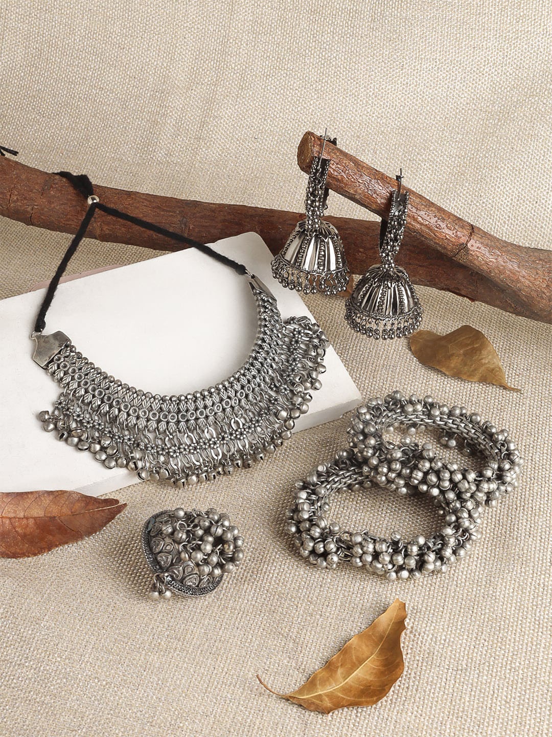 

TEEJH Silver-Plated Beaded Oxidised Jewellery Set