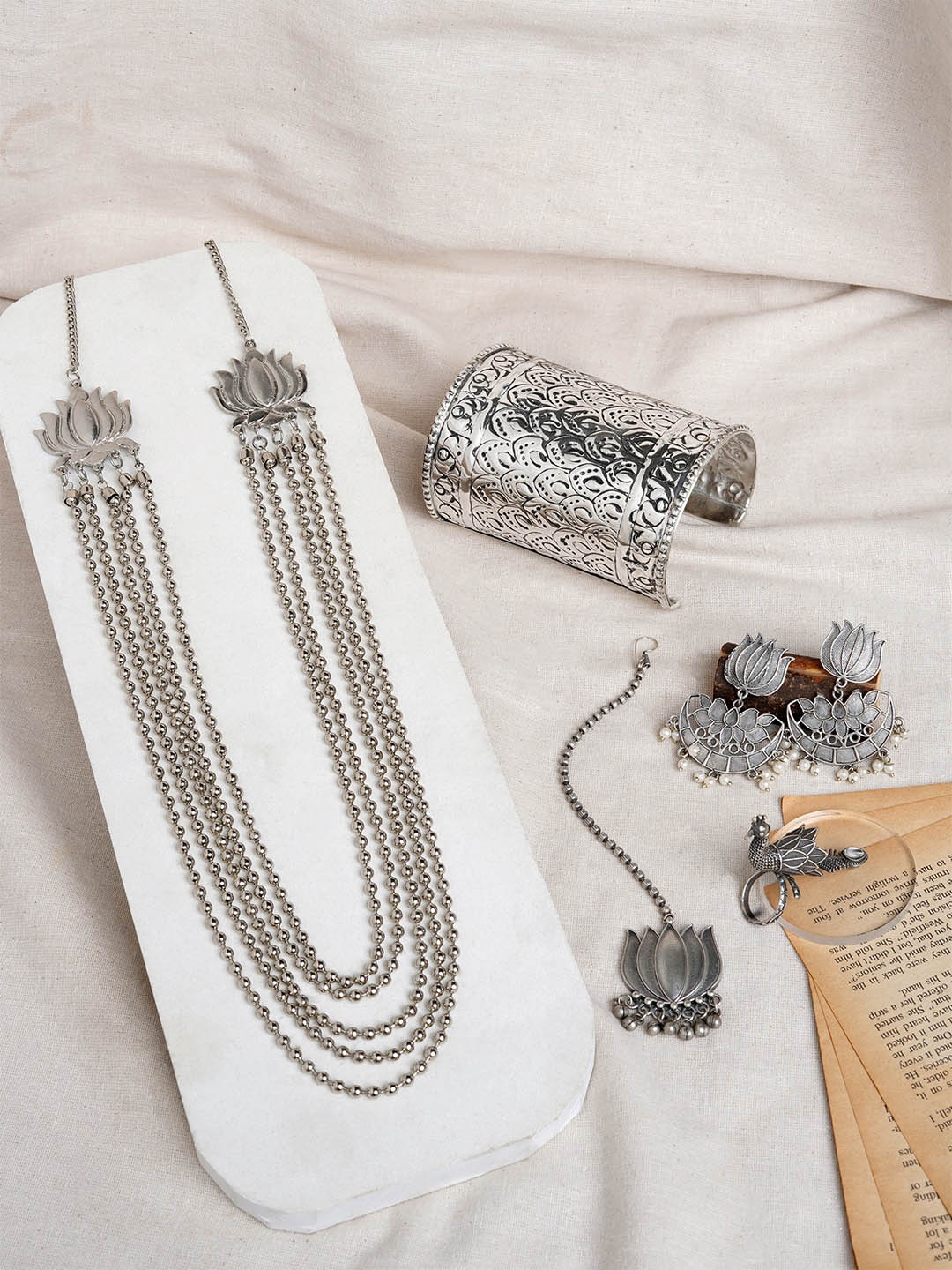 

TEEJH Silver-Plated Beaded Oxidised Jewellery Set
