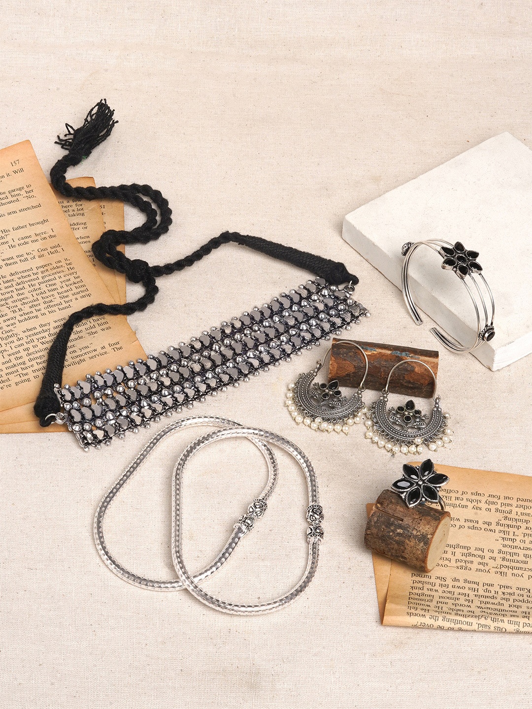 

TEEJH Silver-Plated Oxidised Stone Studded Jewellery Set