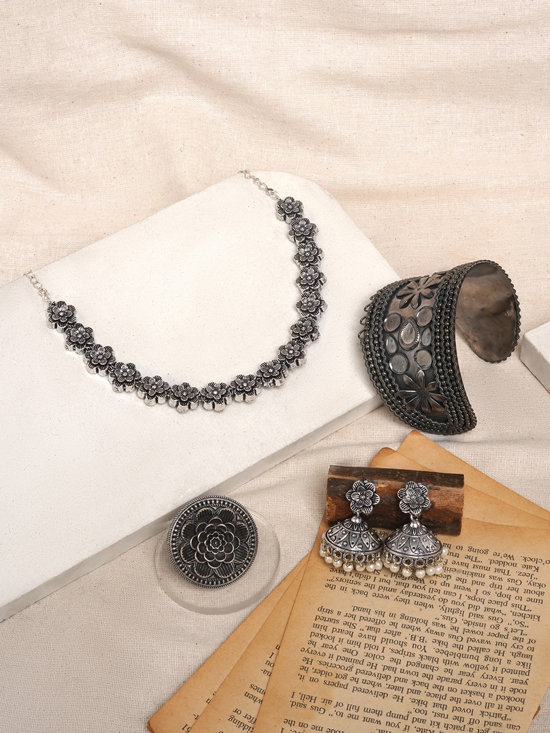 

TEEJH Silver-Plated Anantapur Oxidised Beaded Jewellery Set