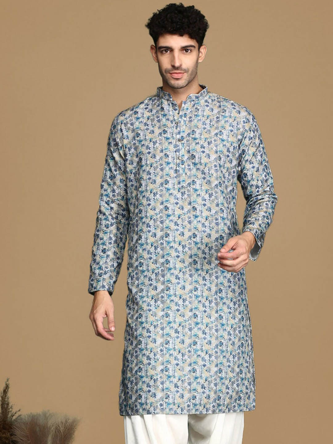 

Sanwara Printed Mandarin Collar Long Sleeves Cotton Kurta, Blue