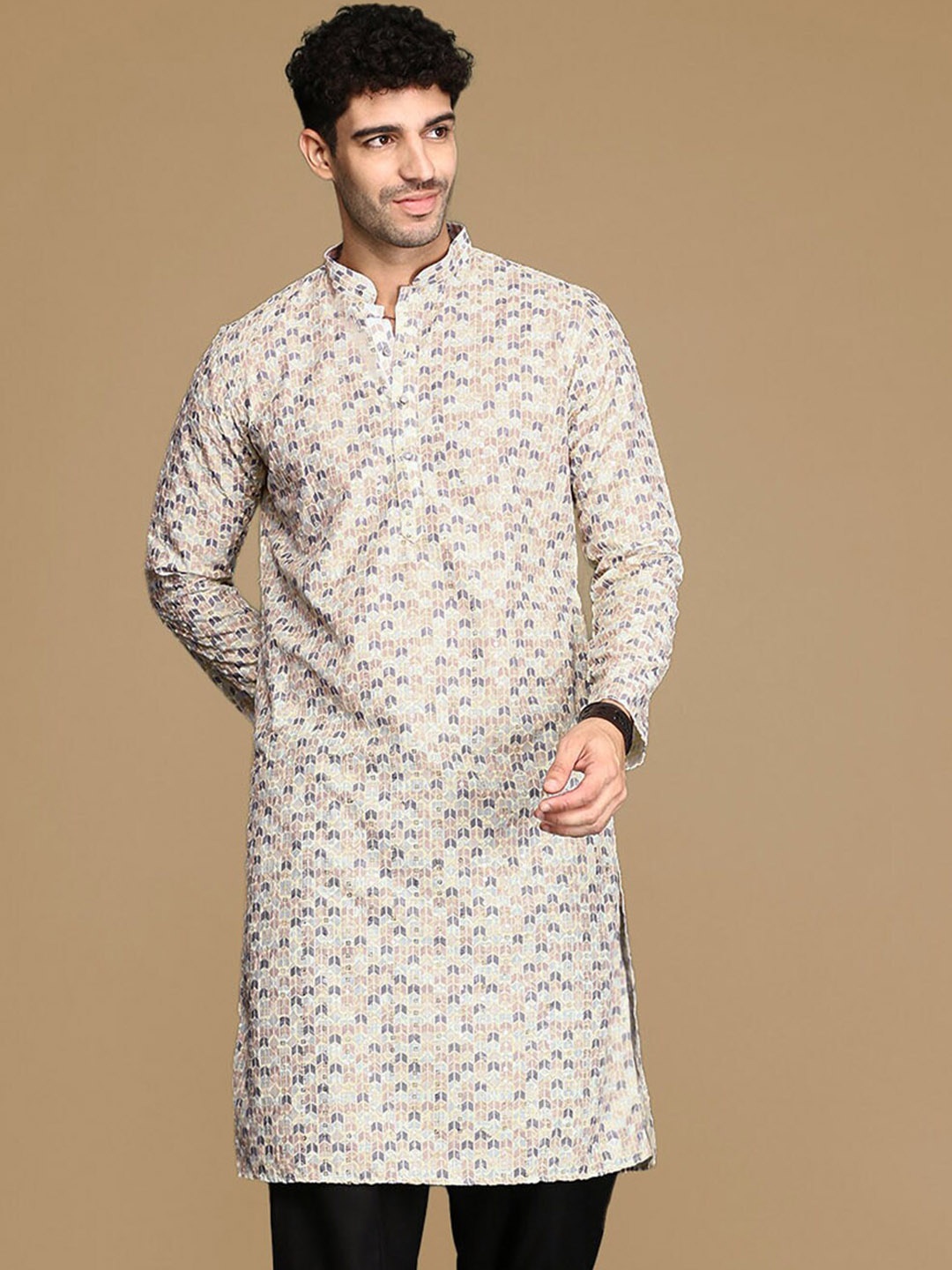 Sanwara Printed Mandarin Collar Long Sleeves Cotton Kurta, Yellow