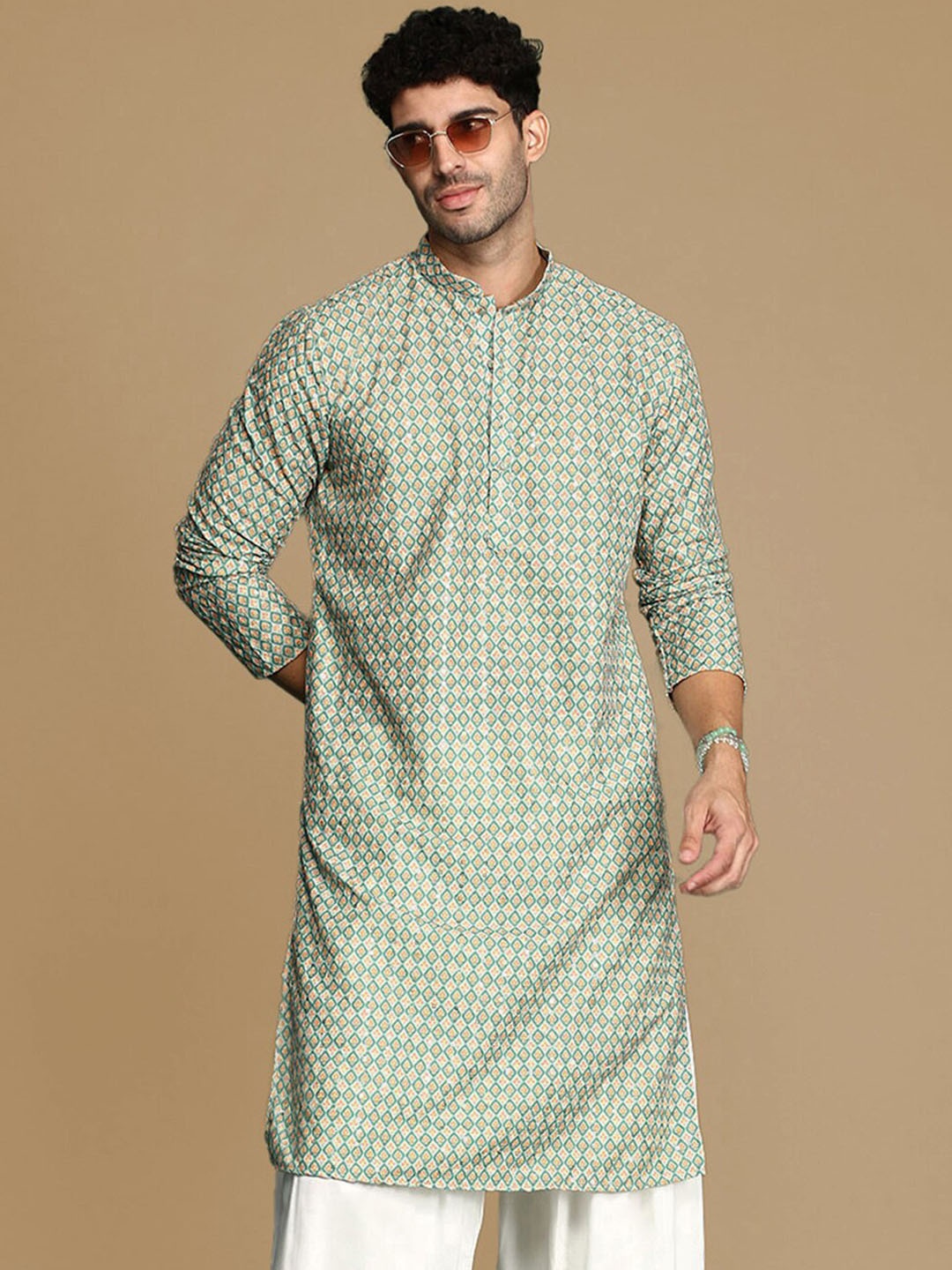 

Sanwara Printed Mandarin Collar Long Sleeves Cotton Kurta, Green